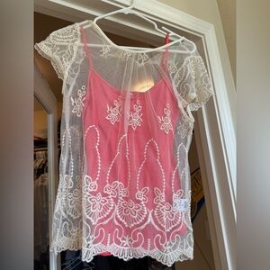 Elegant Pink and White Lace Overlay Top